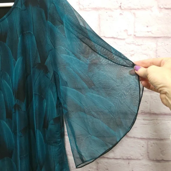 Sese Code Teal Feather Sheer Mesh Tunic Blouse Sz XL Flowy Flutter Boho Mature - Picture 4 of 8